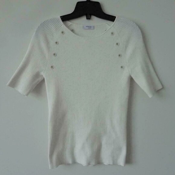 New AKRIS White Round Neck Short Sleeve Cotton Knit Top Rib Eyelet Detail 8, 10 - Picture 6 of 7
